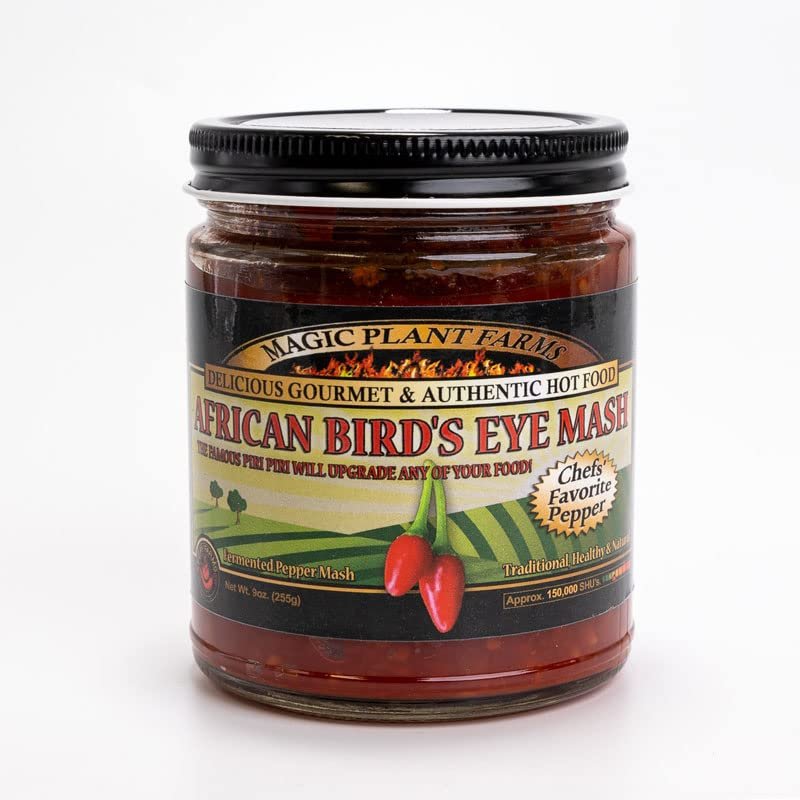 African Bird's Eye Pepper Mash by Magic Plant - 9 Oz Jar, Piri Piri Birdseye Fermented Chili Sauce - 50K - 175K SHU Bright Fiery | Authentic African Chili for Sauces, Marinades, Grilling and More