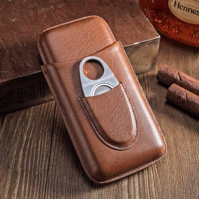 CIGAR IN STYLE Brown PU Leather 3 Ct Cigar Case with Stainless Steel Cutter for Large Cigar