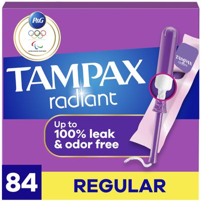 Tampax Radiant Tampons for Women, with LeakGuard Braid, Regular Absorbency, Unscented, 84 Count (3 Packs of 28)