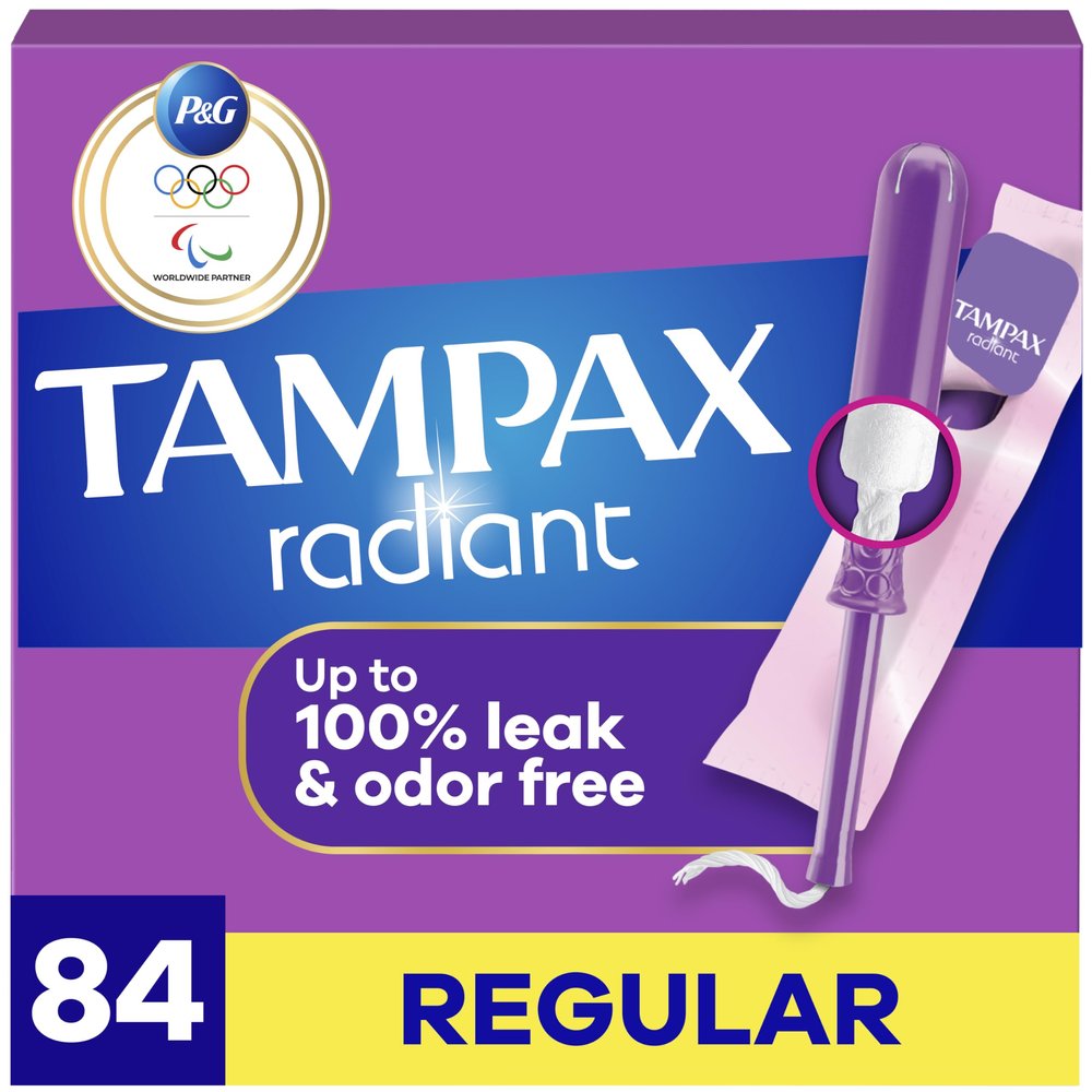Tampax Radiant Tampons for Women, with LeakGuard Braid, Regular Absorbency, Unscented, 84 Count (3 Packs of 28)