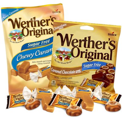 Needzo Werther's Original Sugar Free Chewy Caramels and Chocolate Caramel Hard Candies Bundle, Shareable Bag with individually Wrapped Candies for Goodie Bags, Packo f 2, 2.3 Ounces Each