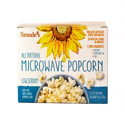 Smude's Brand All Natural Microwave Popcorn  Low Sodium | 3 Simple Ingredients  Popcorn, Smudes Sunflower Oil, & Salt | Healthy Snack, Heart Healthy, Whole Grain | Gluten Free, Dairy Free, Non-GMO, Vegan, Kosher | PFAS-Free Bags | 1 box of 3 bags