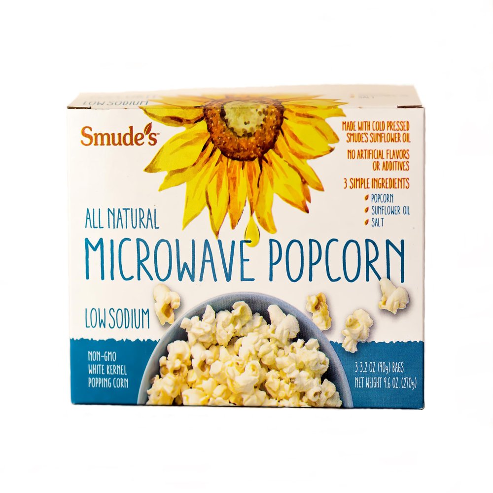 Smude's Brand All Natural Microwave Popcorn  Low Sodium | 3 Simple Ingredients  Popcorn, Smudes Sunflower Oil, & Salt | Healthy Snack, Heart Healthy, Whole Grain | Gluten Free, Dairy Free, Non-GMO, Vegan, Kosher | PFAS-Free Bags | 1 box of 3 bags