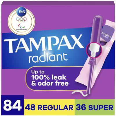 Tampax Radiant Tampons for Women Multipack, with LeakGuard Braid, Regular/Super Absorbency, Unscented, 84 Count (3 Packs of 28)