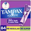 Tampax Radiant Tampons for Women Multipack, with LeakGuard Braid, Regular/Super Absorbency, Unscented, 84 Count (3 Packs of 28) view 1