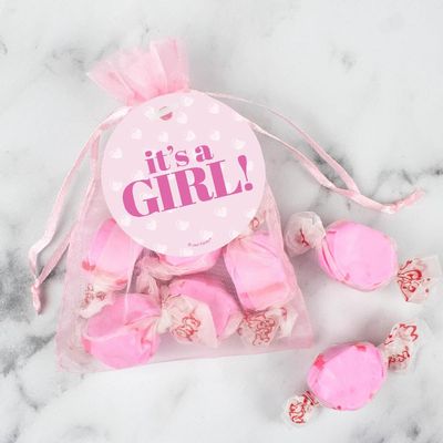 12ct It's a Pink Candy Baby Shower Party Favors Pink Cherry Taffy in Organza Bags, Birth Announcement (12 bags) - No Assembly Required