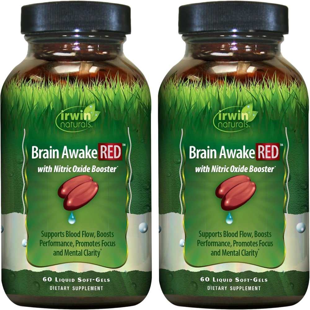 Irwin Naturals Brain Awake RED with Nitric Oxide Booster - 60 Liquid Soft-Gels - 2 Pack