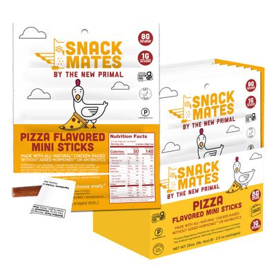 New Primal Snack Mates Pepperoni Pizza Chicken Sticks, Gluten Free Healthy Snacks for Kids, Low Sugar High Protein Back to School Snacks, Mini Paleo Jerky Meat Stick, 8g Protein, 50 Calories, 40 Pack