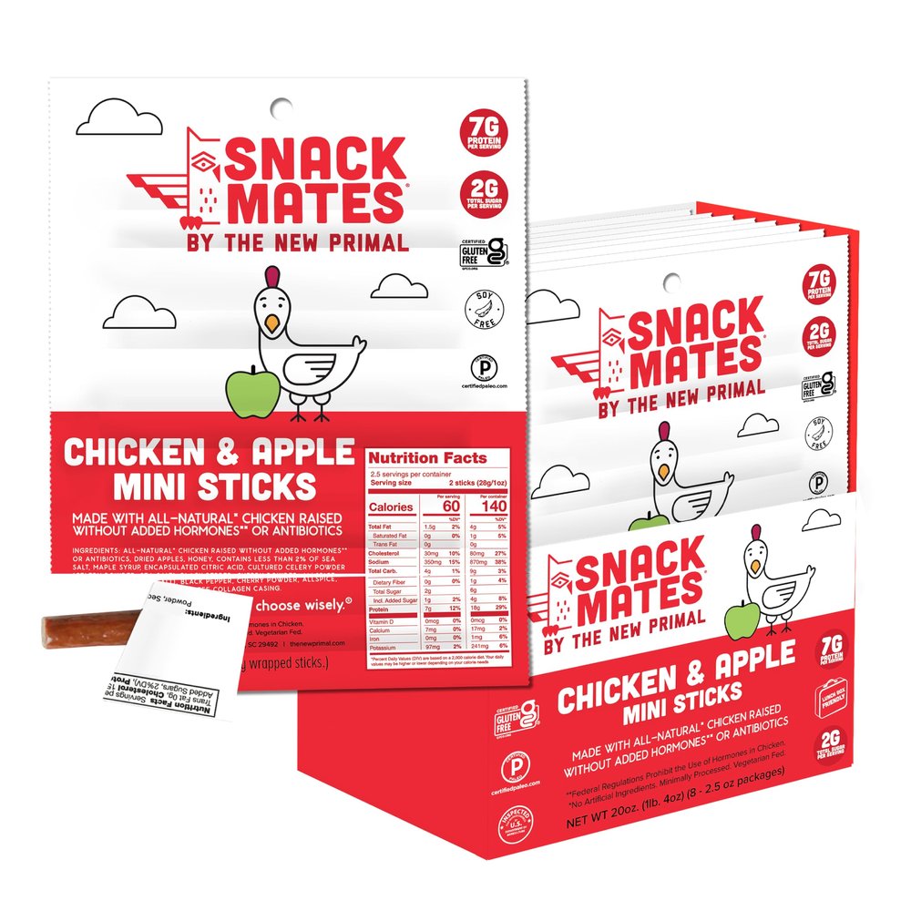 New Primal Snack Mates Chicken & Apple Sticks, Gluten Free Healthy Snacks for Kids, Low Sugar High Protein Back to School Snacks, Mini Paleo Jerky Meat Stick, 7g Protein, 60 Calories, 40 Pack