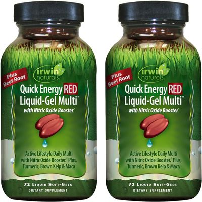 Irwin Naturals Quick Energy RED Liquid-Gel Multi 72 Liquid Soft-Gels Nitric Oxide + Energy Support - 2 Pack