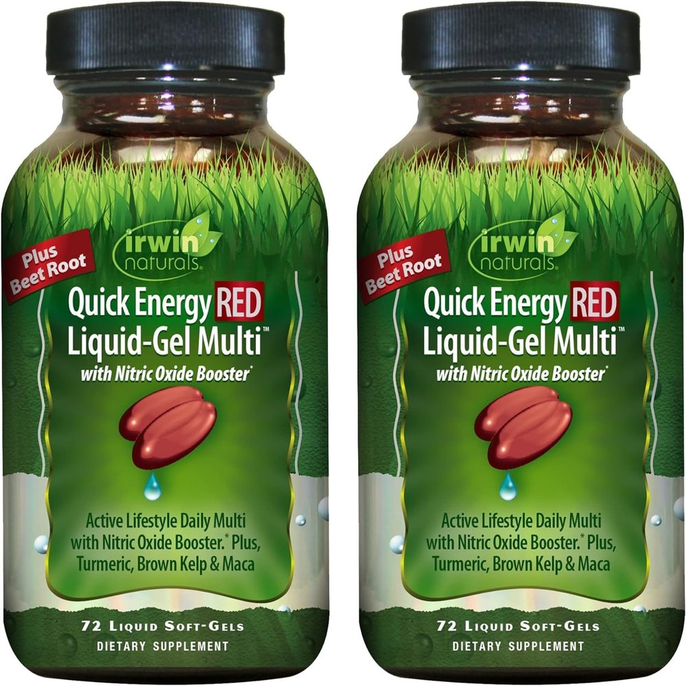 Irwin Naturals Quick Energy RED Liquid-Gel Multi 72 Liquid Soft-Gels Nitric Oxide + Energy Support - 2 Pack
