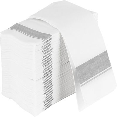 PARTY BARGAINS Disposable Cloth-Like Paper Guest Towels 50 Pack 13 x 16 White with Silver Line, Soft Absorbent Decorative Napkins for Weddings, Parties, Events, Home