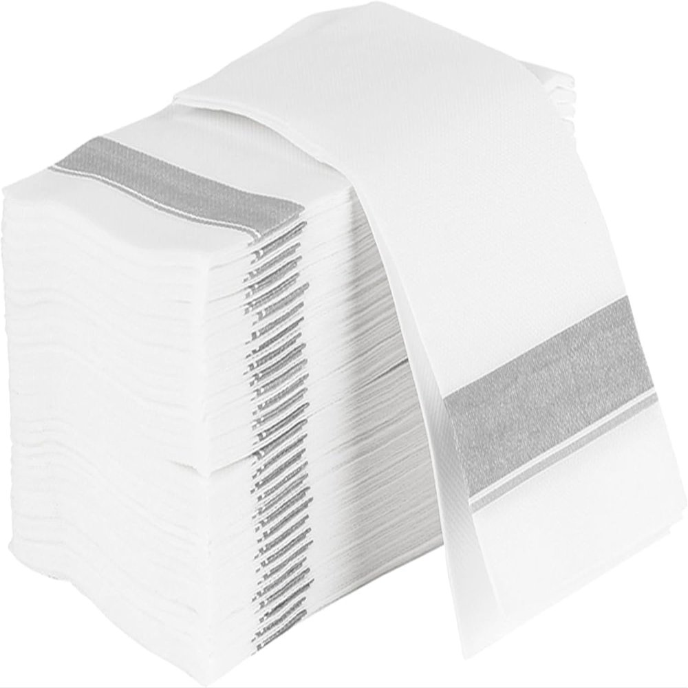 PARTY BARGAINS Disposable Cloth-Like Paper Guest Towels 50 Pack 13 x 16 White with Silver Line, Soft Absorbent Decorative Napkins for Weddings, Parties, Events, Home