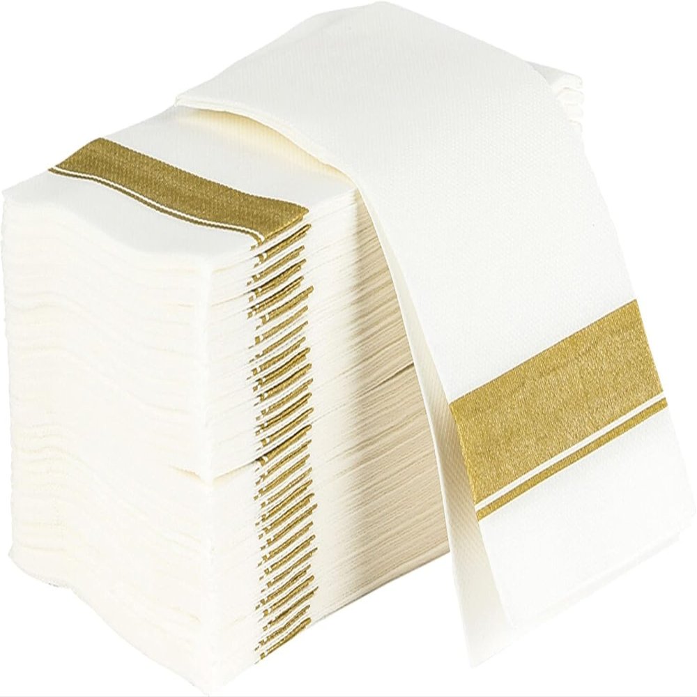 PARTY BARGAINS Disposable Cloth-Like Paper Guest Towels 50 Pack 13 x 16 White with Gold Line, Soft Absorbent Decorative Napkins for Weddings, Parties, Events, Home