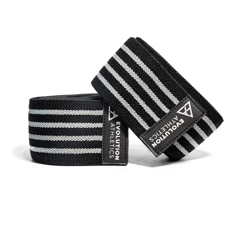 Evolution Athletics Sport Knee Wraps for Support and Rebound for Extreme Weight Lifts or Carries, Durable, Flexible, Adjustable for a Custom Fit, 2.0m L x 3"W, Black Gray, One Pair