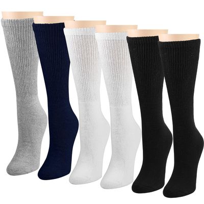 Falari Women Diabetic Socks Diabetes Edema and Circulatory Loose Fitting Cotton Crew Socks - 6 Pairs (Crew Height - Black/Grey/Navy/White, 9-11)