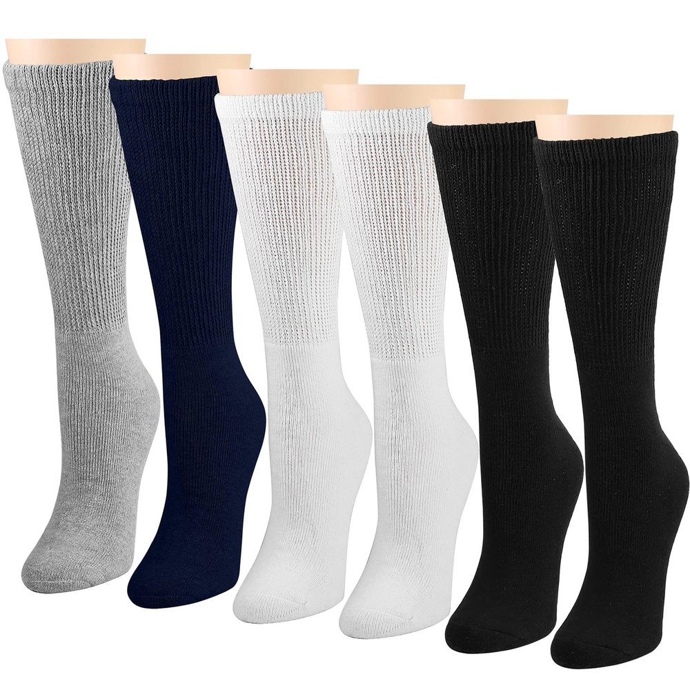 Falari Women Diabetic Socks Diabetes Edema and Circulatory Loose Fitting Cotton Crew Socks - 6 Pairs (Crew Height - Black/Grey/Navy/White, 9-11)