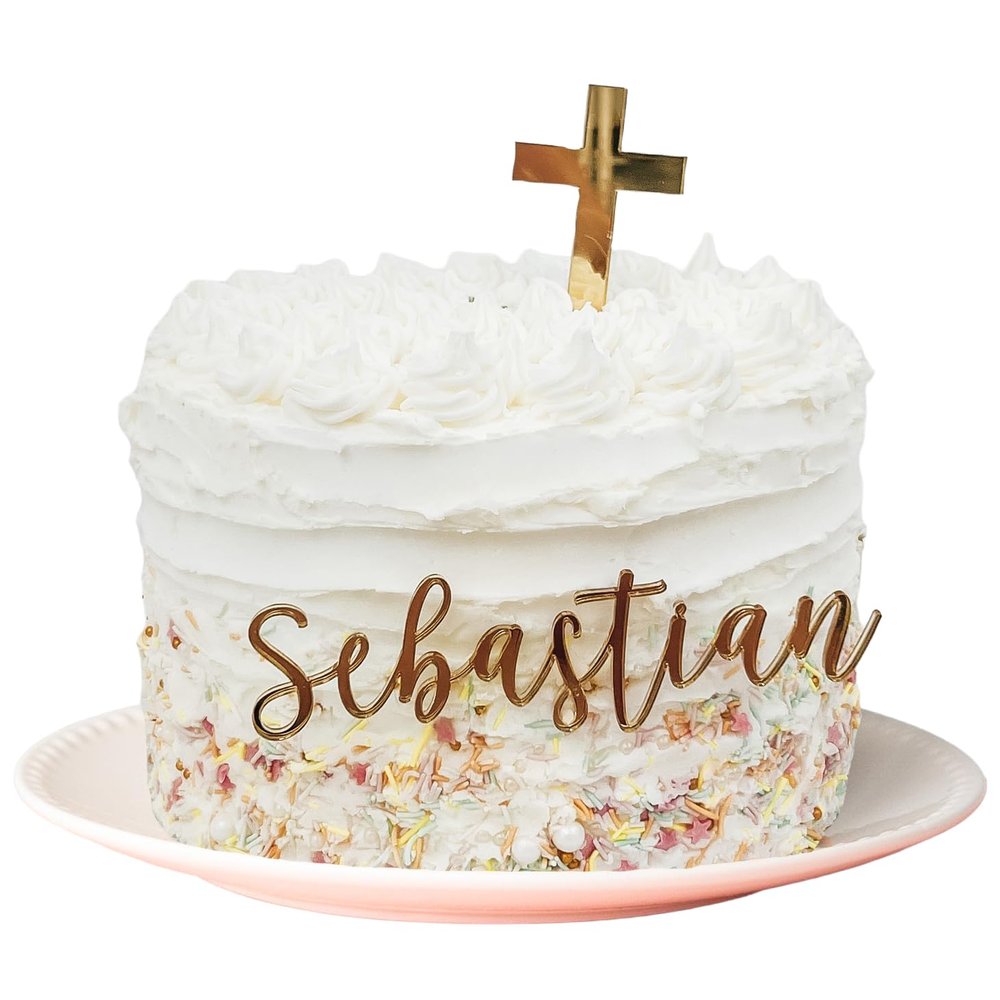 Baptism Cake Name Plate | Personalized Easter Cross Cake Toppers Confirmation Name Cake Topper First Communion Decorations Custom Cake Topper with Cross