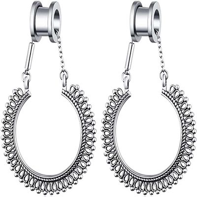 ZHAOZOUL 2 Pieces Stainless Steel Large Circle Pendant Ear Studs Stainless Steel Antique Silver Pulley Ear Extensions with Vintage Circle Pendant,Silver,10mm