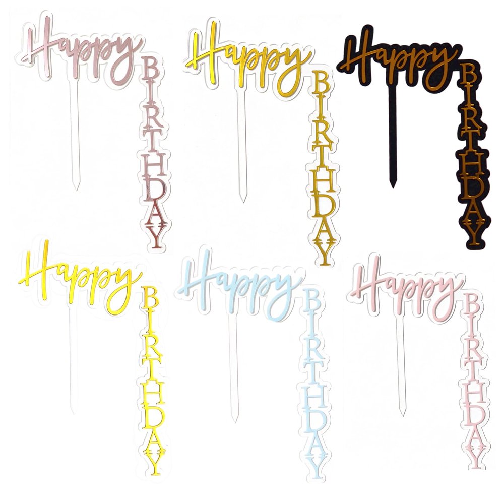Acrylic Happy Birthday Cake Topper 6PCS Gold Acrylic Right Angled Birthday Cake Toppers Vertical Cake Pick