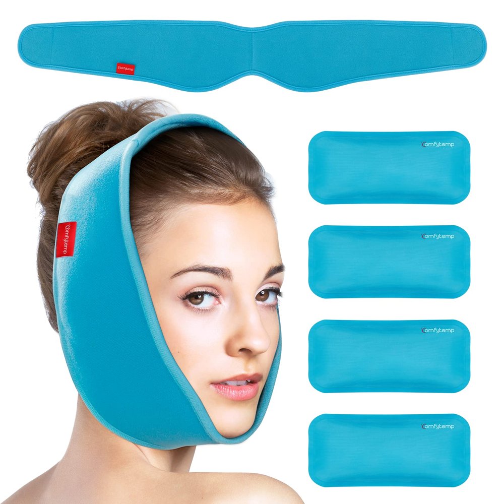 Comfytemp Wisdom Teeth Ice Pack Head Wrap, Face Ice Pack for TMJ Relief, HSA Oral Dental Care FSA, Surgery Recovery, 4 Reusable Hot & Cold Gel Packs, Pain Relief for Jaw, Chin, Facial, Dental Implants