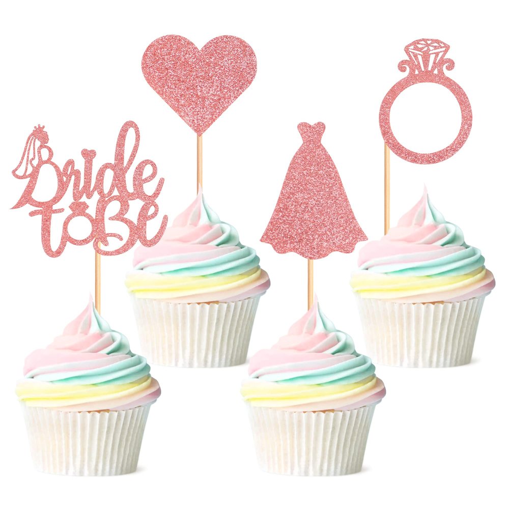 Cyodoos Pack of 24 Bride to Be Cupcake Toppers with Heart Ring Dress Bridal Shower Cupcake Picks Wedding Engagement Bachelorette Party Cake Decorations Supplies - Rose Gold Glitter