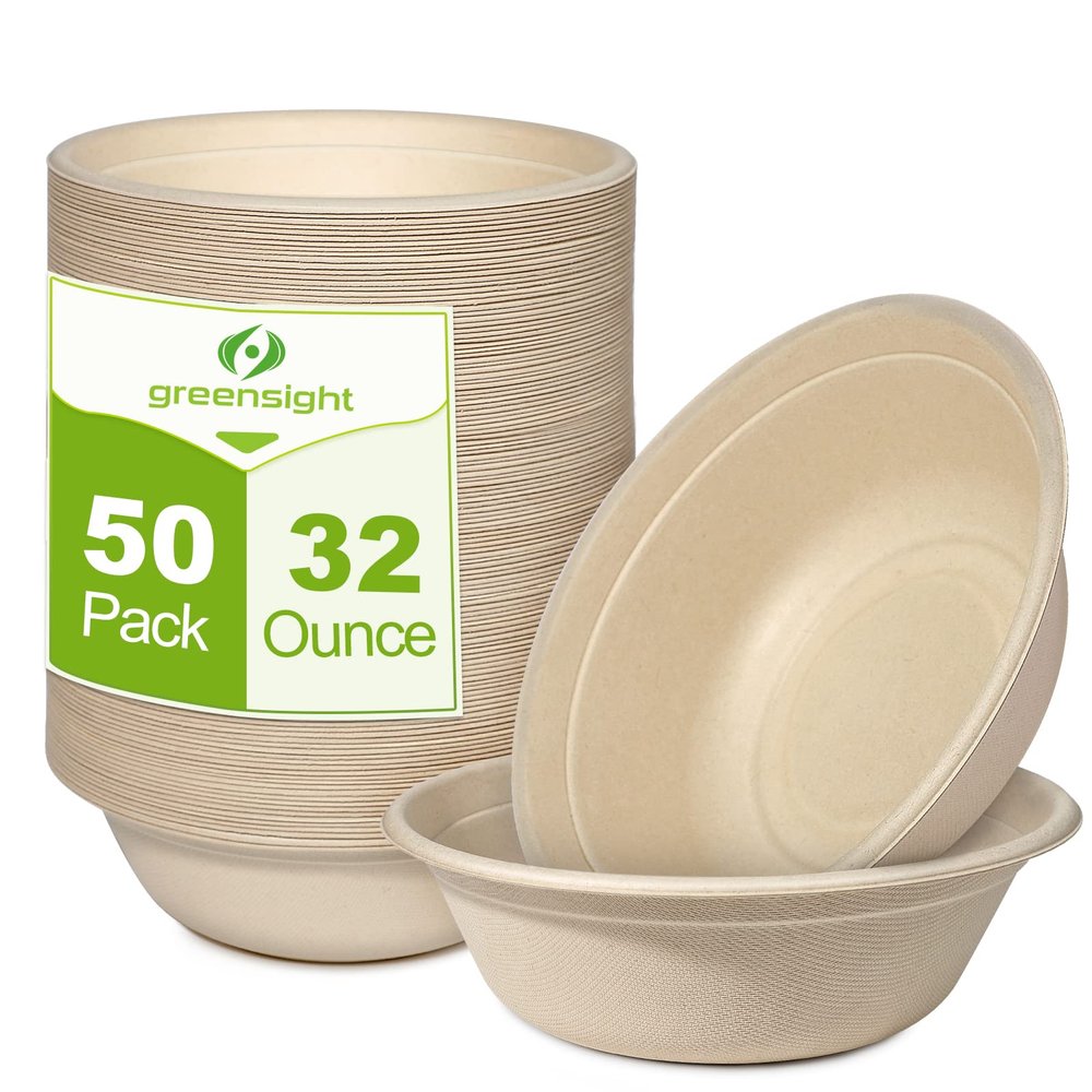 greensight Large Disposable Paper Bowls 32oz - 50 Pack Heavy Duty Compostable for Hot and Cold Food, Biodegradable Made of Sugarcane