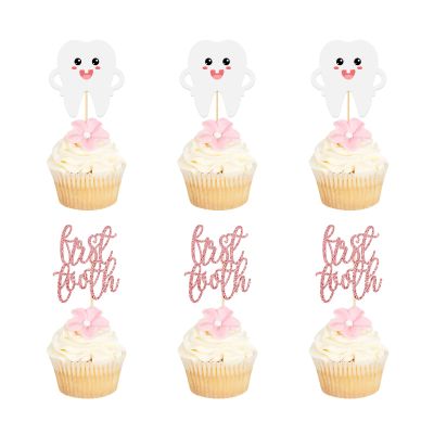 12pcs First Tooth Cupcake Toppers Glitter 1st Teething Party Decorations Pre-assembled Double-Sided Rose Gold