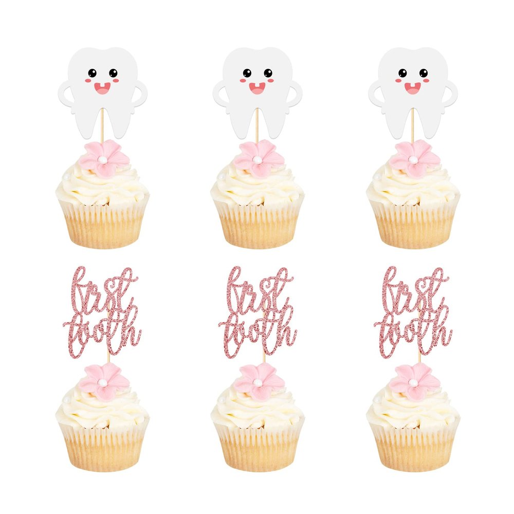 12pcs First Tooth Cupcake Toppers Glitter 1st Teething Party Decorations Pre-assembled Double-Sided Rose Gold