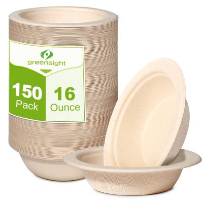 greensight 16oz Compostable Disposable Paper Bowls: 150 Pack Party Serving Bowls For Salad, Ice Cream, Dessert And Hot Soup, Biodegradable Bowls Made Of Natural Sugarcane Fiber
