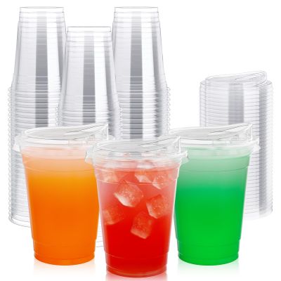 Lilymicky 16oz Clear Plastic Drinking Cups (90 Pack) with Strawless Sip Lids, Disposable Cups for Iced Coffee, Smoothie, Slurpee, or Any Cold Drinks