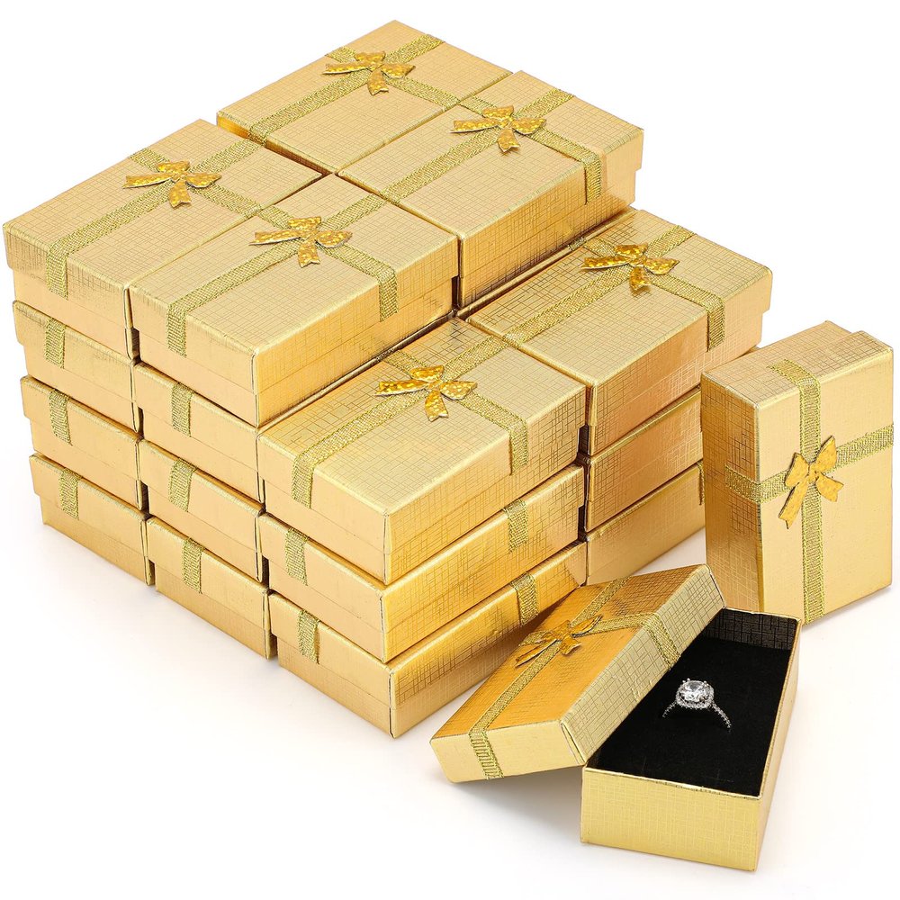 Kenning 36 Pcs Small Jewelry Gift Boxes Cardboard Paper Jewelry Empty Gift Boxes Bracelets Bangle Necklace with Lids Ribbon Bowknot for Graduation Anniversaries Wedding Birthday Bridal Shower(Gold)