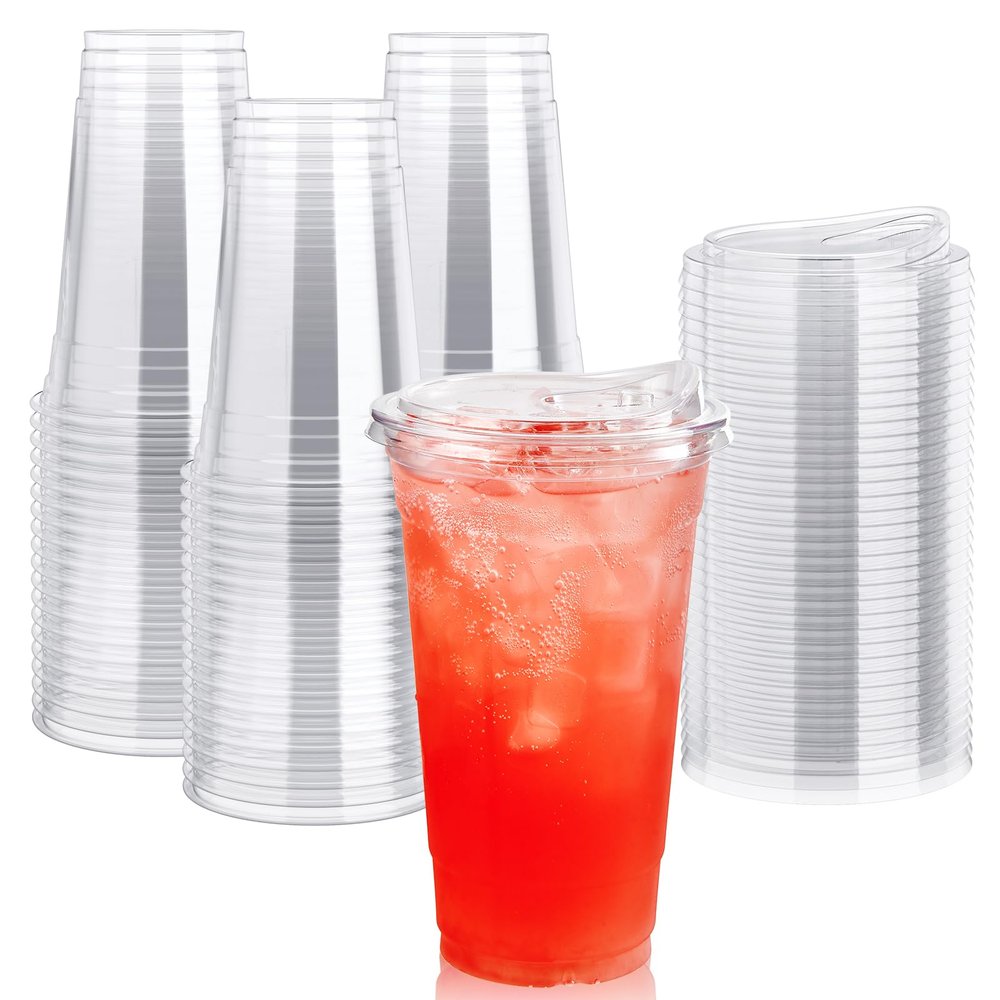 Lilymicky 60 PACK 24 oz Clear Plastic Cups With Strawless Sip Through Lids, Disposable, for Ice Coffee, Smoothie, Slurpee, or Any Cold Drinks