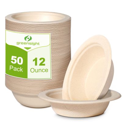 greensight 12oz Small Paper Bowls Disposable, 50 Pack Compostable Bowls, Eco-Friendly Biodegradable Bowls Made Of Sugarcane, Heavy Duty Serving Bowls For Ice Cream, Chili And Dessert
