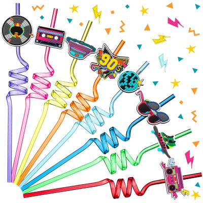 24 Pieces 90s Theme Straws 90's Rock Disco Party Supplies 1990's Retro Plastic Drinking Straws 90's Party Decorations for Birthday Disco Dancing Parties 8 Styles, 8 Colors