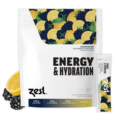 Zest Hydration & Preworkout Energy Drink Packets Clean Electrolyte Powder with 250mg Caffeine - 14 Energy Powder Sticks for Running & Endurance, BlackBerry Lemonade Flavor