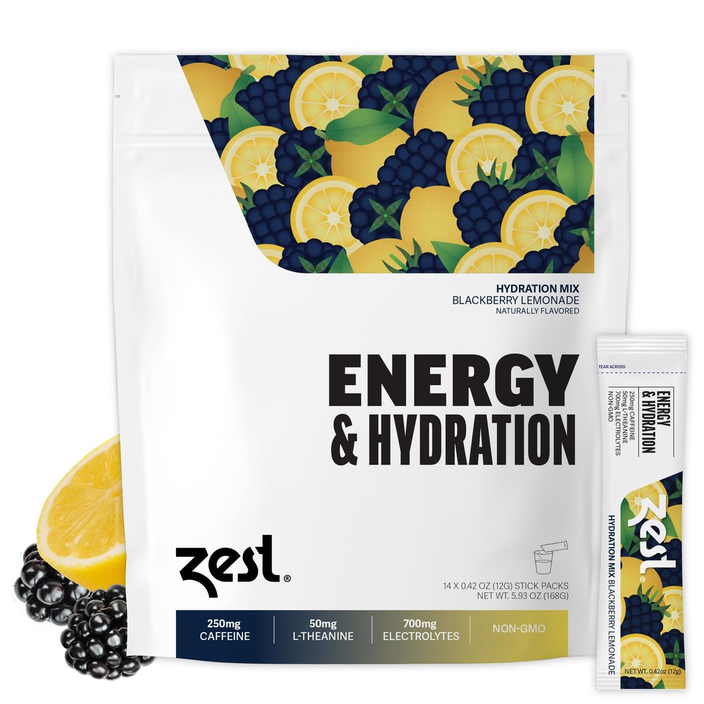 Zest Hydration & Preworkout Energy Drink Packets Clean Electrolyte Powder with 250mg Caffeine - 14 Energy Powder Sticks for Running & Endurance, BlackBerry Lemonade Flavor