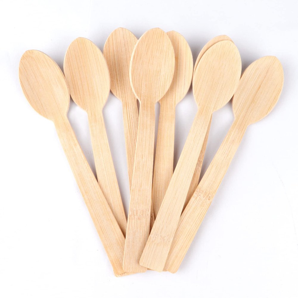 100% Bamboo Utensils -100 PK 6.7" Bamboo Spoons Disposable Cutlery Set Compostable Biodegradable Eco Friendly Renewable Flatware Spoon
