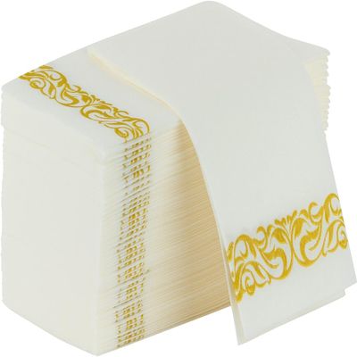 Party Bargains Disposable Linen-Feel Guest Towels, 50 Pack, 12" x 17" White with Gold Lace Print, Soft Paper Hand Towels for Weddings, Cocktail Party, Decorative Fold Dinner Napkins