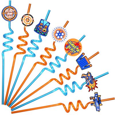 24 Pieces Dart War Party Supplies Straws Gun Party Plastic Straws Blaster Battle Theme Reusable Dart War Obstacles with 2 Pcs Cleaning Brushes