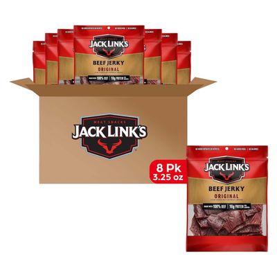 Jack Link's Beef Jerky, Original, Multipack Bags - Flavorful Meat Snacks for Break Rooms, Ready to Eat Protein Snacks - 10g of Protein per Serving, Made with 100% Beef - 3.25 oz (Pack of 8)