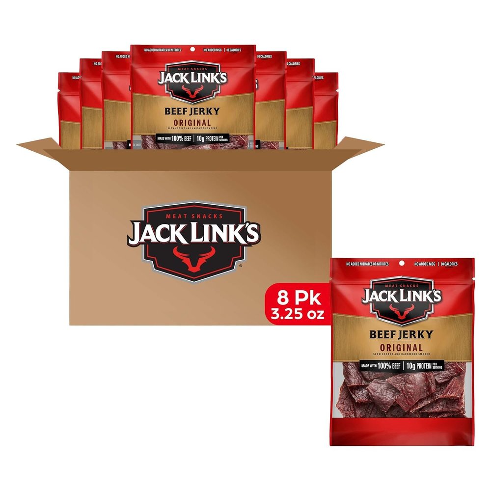 Jack Link's Beef Jerky, Original, Multipack Bags - Flavorful Meat Snacks for Break Rooms, Ready to Eat Protein Snacks - 10g of Protein per Serving, Made with 100% Beef - 3.25 oz (Pack of 8)