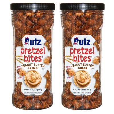 Utz Peanut Butter Pretzel Bites, 24 oz Canister (2 Count) Crunchy Pretzel Nuggets with Creamy Peanut Butter Center, Quick Snacks with No Cholesterol, No Trans Fats, Brown