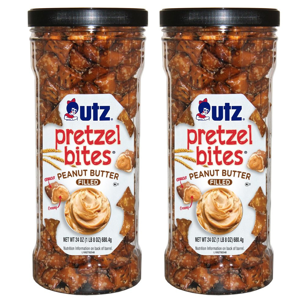 Utz Peanut Butter Pretzel Bites, 24 oz Canister (2 Count) Crunchy Pretzel Nuggets with Creamy Peanut Butter Center, Quick Snacks with No Cholesterol, No Trans Fats, Brown