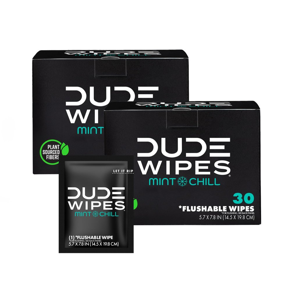 DUDE Wipes On-The-Go Mint Chill Travel Wipes - 2 Pack, 60 Count (Individually Wrapped) - Extra-Large Cleansing Flushable Wipes - Infused with Tea Tree Oil, Eucalyptus, and Aloe - Septic and Sewer Safe