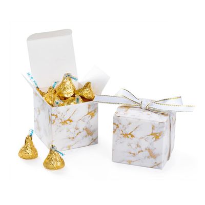 AWELL Small Marble White Gift Candy Box Bulk 2x2x2 inches with Ribbon Party Favor Box,Gold and White Marble,Pack of 50