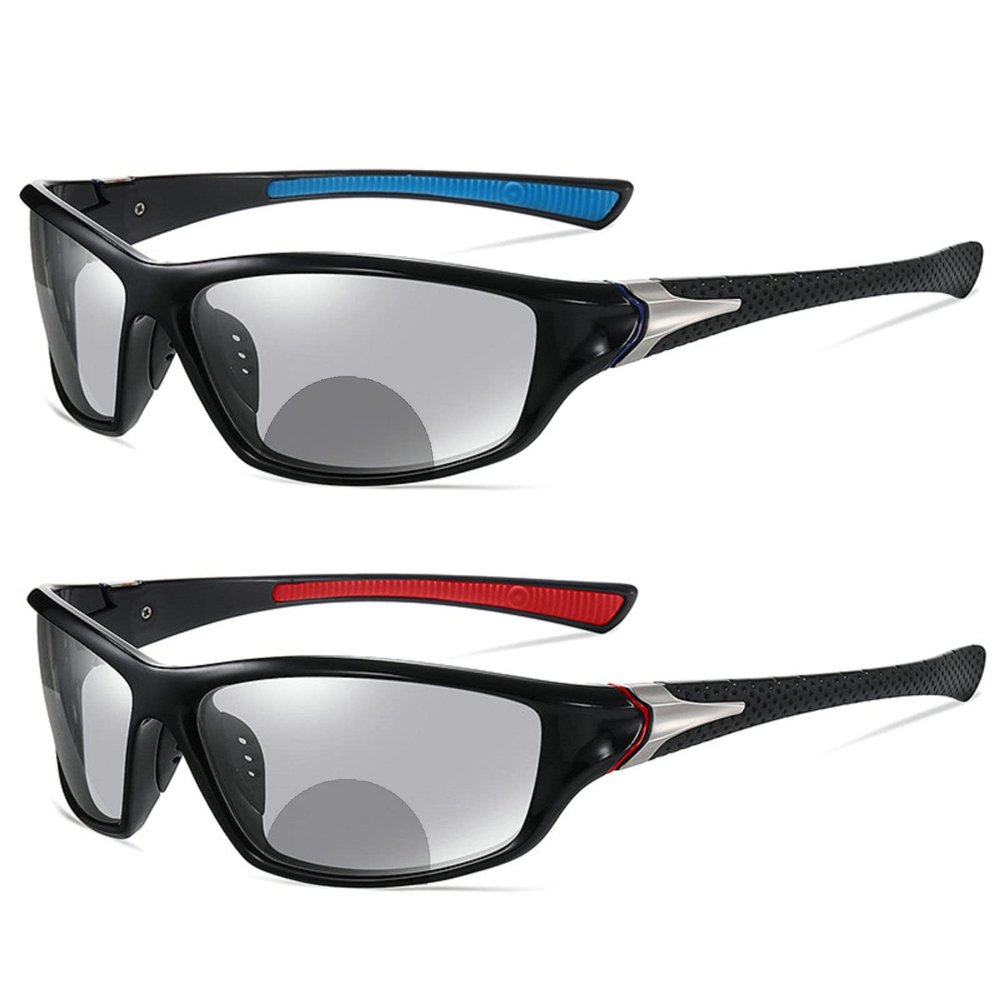 2pcs Transition Photochromic Bifocal Reading Glasses for Mens and Womens Square Sports Sunglasses Readers 0~+4.00 (2pcs-black blue&black red, 2.75, multiplier_x)