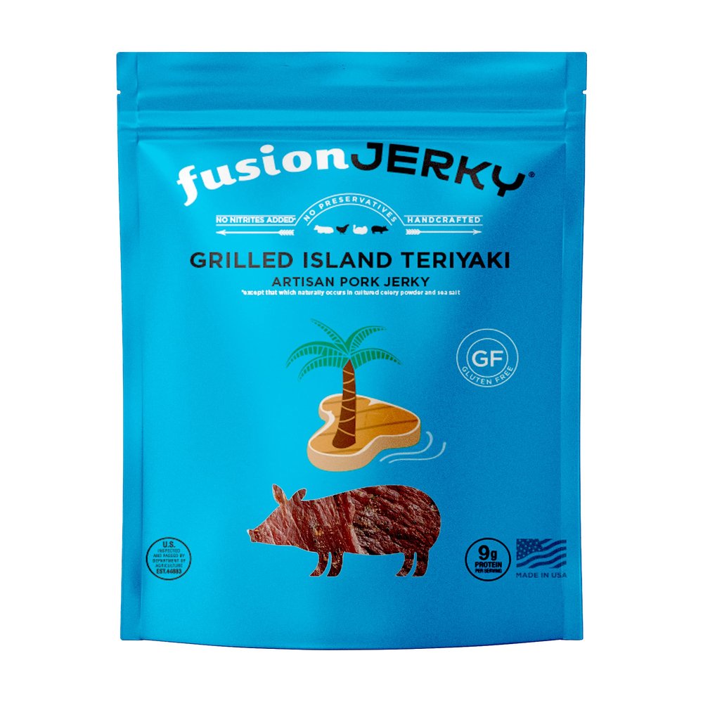 Fusion Jerky Artisan Pork Jerky, Grilled Island Teriyaki, 2.5 oz - All Natural, 9g Protein, Premium USA Sourced Meat, Gluten Free, Prime Cuts, No Nitrates, No Added MSG, No Preservatives, Made in USA