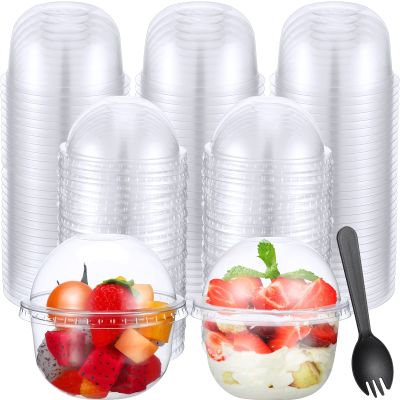 Gandeer 200 Pack Clear Plastic Cups 9 oz Dessert Yogurt Parfait Banana Pudding Pet Disposable Cups with 200 Pcs Sporks for Fruit Ice Cream Party