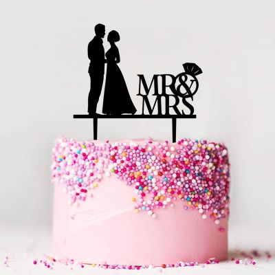 ENEDNATE Black Couple Mr & Mrs Heart Ring Silhouette Cake Topper Celebration Wedding Engagement Anniversary Party Decoration Acrylic Cake Toppers